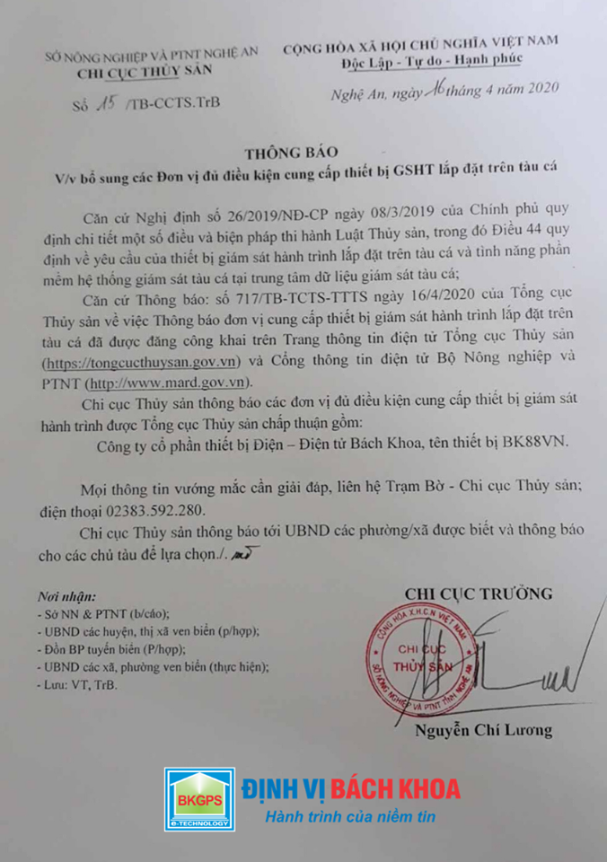 Thông báo đơn vị đủ điều kiện cung cấp thiết bị GSHT lắp đặt tàu cá